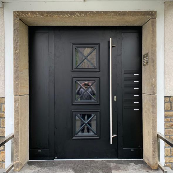 Schwarze Haustür aus Aluminium mit Briefkastenanlage